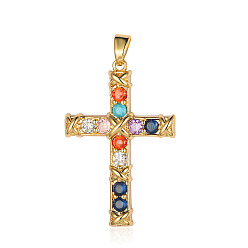 Real 18K Gold Plated Brass Micro Pave Colorful Cubic Zirconia Pendants, Cross Charms, Real 18K Gold Plated, 32x21x3.8mm
