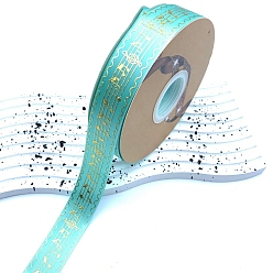 Turquoise 48 Yards Printed Polyester Ribbons, Flat Ribbon with Hot Stamping Musical Note Pattern, Garment Accessories, Turquoise, 1 inch(25mm)