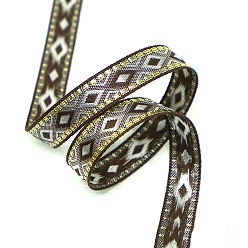 Coffee Ethnic Style Polyester Embroidery Rhombus Ribbons, Jacquard Ribbon, Garment Accessories, Coffee, 1/2 inch(12mm)