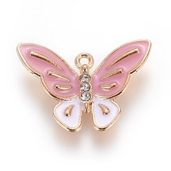 Pink Zinc Alloy Pendants, with Enamel and Rhinestone, Butterfly, Light Gold, Pink, 18x25.5x3.5mm, Hole: 1mm