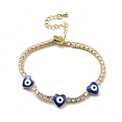 Medium Blue Heart with Evil Eye Enamel Link Bracelet with Clear Cubic Zirconia Tennis Chains, Gold Plated Brass Jewelry for Women, Cadmium Free & Lead Free, Medium Blue, 7-1/8 inch(18cm)