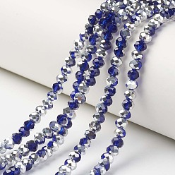 Dark Blue Electroplate Transparent Glass Beads Strands, Half Silver Plated, Faceted, Rondelle, Dark Blue, 3.5x3mm, Hole: 0.4mm, about 123~127pcs/strand, 13.7~14.1 inch(35~36cm)