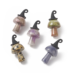Mixed Stone Natural Mixed Gemstone Pendants, Mushroom Charms, with Black Halloween Alloy 3D Magic Hat, 31~33x6mm, Hole: 1.5x2mm