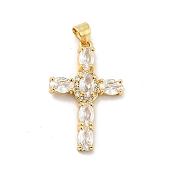Clear Rack Plating Brass Micro Pave Cubic Zirconia Pendants, Long-Lasting Plated, Lead Free & Cadmium Free, Cross, Real 18K Gold Plated, Religion, Clear, 29.5x19x3.5mm, Hole: 3.5x4mm