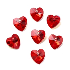 Красный Граненый стеклянный шарм, сердце, с покрытием на задной стороне, красные, 14x14x7.5 мм, отверстие : 1.4 мм