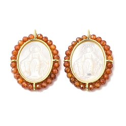 Шоколадный Покрытие стойки латунь микро паве кубический цирконий и подвески в виде ракушек, долговечный, без кадмия и без свинца, реальный 18 k позолоченный, овал с подвесками в виде Девы Марии, цвет шоколада, 29.5x22x3.7 мм, отверстие : 1.9 мм