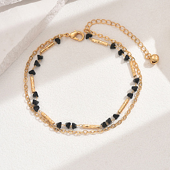 Черный Модные двухслойные браслеты из латуни с покрытием из настоящего золота 18k для женской пляжной одежды, чёрные, 8-1/8 дюйм (20.5 см)