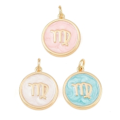 Virgo Brass Enamel Pendants, Flat Round & Constellation Charms, Rack Plating, Long-Lasting Plated, Cadmium Free & Lead Free, Golden, Virgo Charms, 17.5x15x2mm, Hole: 3mm