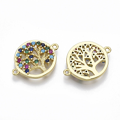 Golden Brass Micro Pave Cubic Zirconia Links connectors, Flat Round with Tree of Life, Colorful, Golden, 15.5x20.5x2.5mm, Hole: 1mm