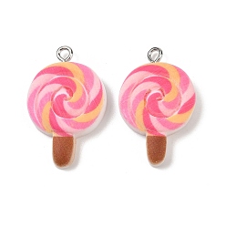 Pink Подвески из непрозрачной смолы, окрашенные распылением, имитация еды, леденец очарование, с платиновыми тоновыми железными петлями, розовые, 29x19x6 мм, отверстие : 2 мм