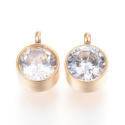 Golden 304 Stainless Steel Charms, with Rhinestone, Flat Round, Golden, 10x7x5mm, Hole: 1.6mm