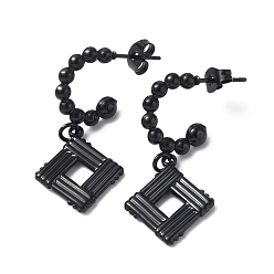 Electrophoresis Black 304 aretes colgantes con rombos de acero inoxidable, pendientes de medio aro para mujer, revestimiento de iones (ip), electroforesis negro, 33.5 mm, pin: 0.8 mm