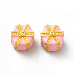 Pink Alloy Enamel European Beads, Large Hole Beads, Lead Free & Cadmium Free, Matter Gold Color, Gift Box, Pink, 11.5x10x8.8mm, Hole: 4mm
