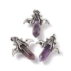 Amethyst Natural Amethyst Pendants, with Antique Silver Tone Alloy Bat Findings, Cadmium Free & Lead Free, Faceted Bullet Charm, 47x39x14mm, Hole: 6x9mm