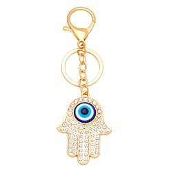Golden Alloy Rhinestone Keychain, with Alloy Key Rings & Lobster Claw Clasps and Resin, Hamsa Hand, Golden, 12.2cm