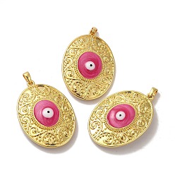 Темно-Розовый Стойки обшивки латунные подвески, с эмалью, долговечный, без свинца и без кадмия, реальный 18 k позолоченный, овал со злыми глазами, темно-розовыми, 50.5x35x9.5 мм, отверстие : 6x3 мм