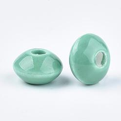 Medium Aquamarine Handmade Porcelain Beads, Bright Glazed Porcelain, Rondelle, Medium Aquamarine, 20x11mm, Hole: 3mm