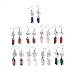 Mixed Stone Gemstone Bullet with Lotus Dangle Earrings, Platinum Brass Long Drop Earrings for Women, Cadmium Free & Lead Free, 65mm, Pin: 0.6mm
