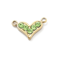 Перидот 304 из нержавеющей стали горный хрусталь подвески, сердце прелести, ионное покрытие (ip), реальный 14 k позолоченный, перидот, 7x11x2 мм, отверстие : 1 мм
