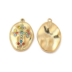 Colorful Vacuum Plating 201 Stainless Steel with Rhinestone Pendants, Real 18K Gold Plated, Oval with Cross Pattern Charms, Colorful, 23x16x3.5mm, Hole: 1.2mm