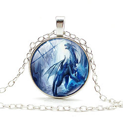 Dodger Blue Dragon Theme Glass Round Pendant Necklace with Alloy Chains, Dodger Blue, 20.47 inch(52cm)