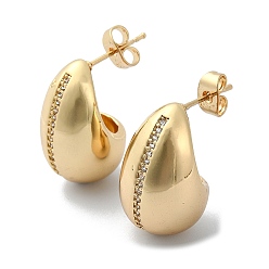 Golden Teardrop Brass Micro Pave Cubic Zirconia Stud Earrings, Half Hoop Earrings, Long-Lasting Plated, Golden, 22x14mm