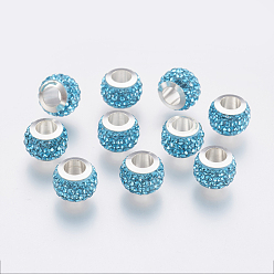 Aquamarine 304 Stainless Steel European Beads, with Polymer Clay Rhinestone, Large Hole Beads, Rondelle, Aquamarine, 11x7.5mm, Hole: 5mm