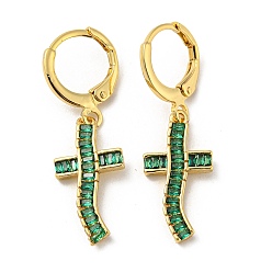 Green Real 18K Gold Plated Brass Dangle Leverback Earrings, with Glass, Cross, Green, 33.5x10mm
