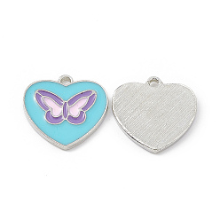 Темно-бирюзовый Подвески из эмали и сплава, сердце с подвеской в виде бабочки, платина, темные бирюзовый, 17x17.5x1.5 мм, отверстие : 1.6 мм