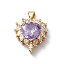 Лиловый Стойки обшивки латунь кубического циркония подвески, долговечный, без кадмия и свинца, шарма сердца, реальный 18 k позолоченный, сирень, 18.5x17x7 мм, отверстие : 3 мм