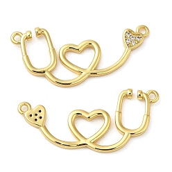 Real 18K Gold Plated Rack Plating Brass Micro Pave Clear Cubic Zirconia Connector Charms, Heart Licenses Links, Lead Free & Cadmium Free, Long-Lasting Plated, Real 18K Gold Plated, 13x30x2mm, Hole: 1.2mm