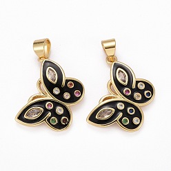 Black Brass Micro Pave Clear Cubic Zirconia Pendants, with Enamel, Long-Lasting Plated, Real 18K Gold Plated, Butterfly, Black, 15.5x19.5x2.5mm, Hole: 3x4mm
