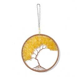 Yellow Aventurine Wire Wrapped Chips Natural Yellow Aventurine Big Pendant Decorations, with Iron Chains and Imitation Leather Rope, Flat Round with Tree of Life, 295mm