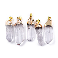 Clear Natural Crystal Big Pointed Pendants with Golden Plated Iron Findings, Bullet, Clear, 30~60x6~16x4~14mm, Hole: 4x6mm