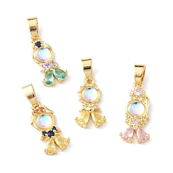 Mixed Color Brass Micro Pave Cubic Zirconia Pendants, with Glass, Long-Lasting Plated, Real 18K Gold Plated, Cadmium Free & Lead Free, Girl, Mixed Color, 17.5~21x9~10x4mm, Hole: 5x3mm