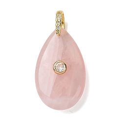 Розовый Кварц Природного розового кварца подвески, Подвески в форме капли с латунными микропаве из прозрачных кубических цирконий в качестве застежек., золотые, 34.5x20x9 мм, отверстие : 5.5x5.5 мм