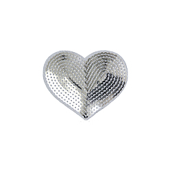 Silver Computerized Embroidery Cloth Iron on/Sew on Patches, Costume Accessories, Paillette Appliques, Heart, Silver, 71x84mm