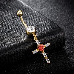 Red Piercing Jewelry, Brass Cubic Zirconia Navel Ring, Belly Rings, with Surgical Stainless Steel Bar, Cadmium Free & Lead Free, Real 18K Gold Plated, Cross, Red, 48x16mm, Bar: 15 Gauge(1.5mm), Bar Length: 3/8"(10mm)