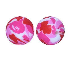 Cerise Round with Camouflage Print Pattern Food Grade Silicone Beads, Silicone Teething Beads, Cerise, 15mm