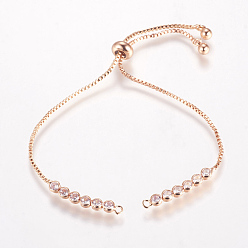 Real Rose Gold Plated Brass Chain Bracelet Making, Box Chain Bracelets, Slider Bracelets Making, with Cubic Zirconia, Round, Real Rose Gold Plated, 9-1/2 inchx1/8 inch(240x1mm, Hole: 1mm)