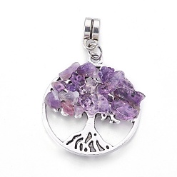 Amethyst Alloy European Dangle Charms, with Natural Amethyst Chips, Flat Round with Tree, Antique Silver, 38mm, Hole: 4mm, 28x25x4~5mm