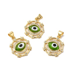 Yellow Green Handmade Evil Eye Lampwork Pendants, with Brass Cubic Zirconia Finding, Cadmium Free & Lead Free, Real 18K Gold Plated, Flat Round Charm, Yellow Green, 20.5x17.5x3.3mm, Hole: 3x4.3mm