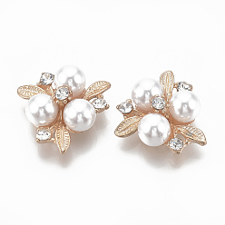 Light Gold Alloy Cabochons, with Rhinestone and ABS Plastic Imitation Pearl, Flower, Creamy White, Light Gold, 23x23x9mm