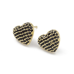 Black Heart Brass Cubic Zirconia Ear Studs for Women Men, Lead Free & Cadmium Free, Real 18K Gold Plated, Long-Lasting Plated, Black, 11x12x4mm, Pin: 0.8mm