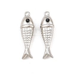 Platine Alliage avec pendentifs en strass noir, charmes de poissons, crémaillère plaquage, platine, 26x8x6.5mm, Trou: 1.2mm
