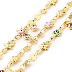Colorful Enamel Star with Evil Eye & Brass Flat Round Link Chains, with Clear Glass Charms, Soldered, with Spools, Real 18K Gold Plated, Colorful, 11x6x2.7mm, 10.5x5.5x2.3mm