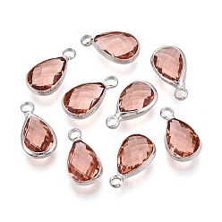 Темный Лосось K 9 стеклянные подвески, слеза, латунная фурнитура с платиновым покрытием, граненые, темный лосось, 13.5x7.5x4 мм, отверстие : 1.8~2 мм