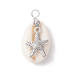 Морская звезда Подвески из натуральной ракушки каури и сплава с морскими животными, морские подвески с петлями из медной проволоки, античное серебро, морская звезда, 26x14x9 мм, отверстие : 3.3 мм