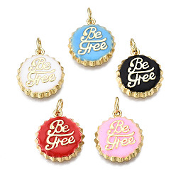 Mixed Color Brass Enamel Pendants, Nickel Free, Real 16K Gold Plated, with Jump Rings, Bottle Cap with Word Be Free, Mixed Color, 17x15x2mm, Jump Ring: 5x0.9mm, Inner Diameter: 3.2mm