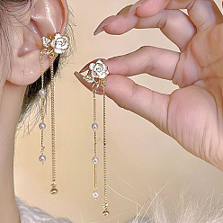 Camellia Flower Tassel Ear Clip (Right Ear Only) Sweet white flower clip-on earrings with long tassel - boho style, high-end, ear accessory.